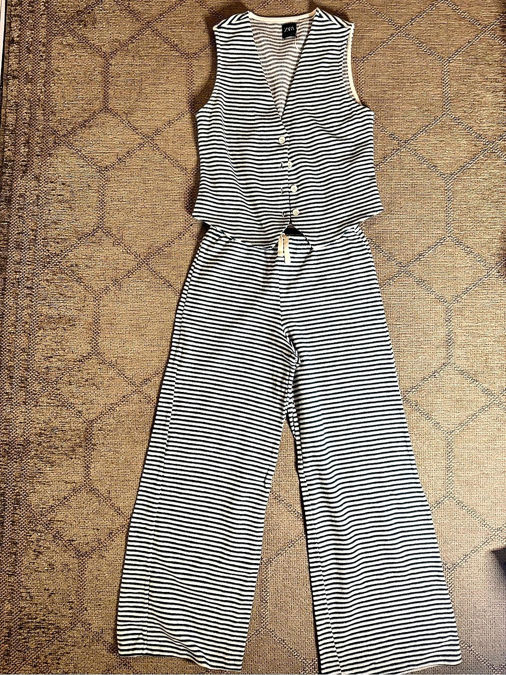 ZARA Striped Wide-Leg Two-Piece Set in Blue & White
